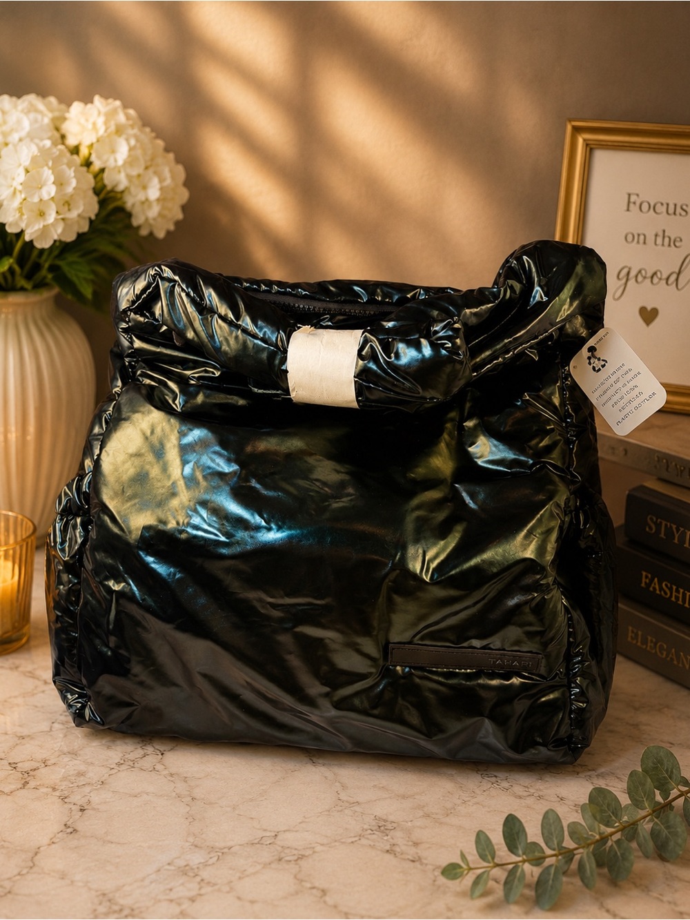 Tahari Shiny Dark Green Puffer Tote Bag